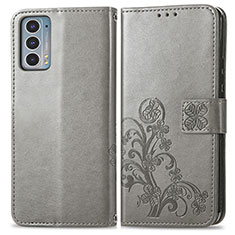 Leather Case Stands Flip Flowers Cover Holder for Motorola Moto Edge 20 5G Gray