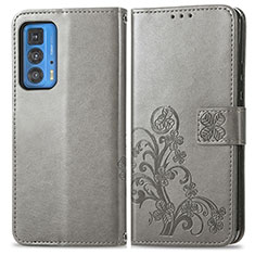 Leather Case Stands Flip Flowers Cover Holder for Motorola Moto Edge 20 Pro 5G Gray