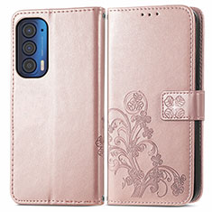 Leather Case Stands Flip Flowers Cover Holder for Motorola Moto Edge (2021) 5G Pink