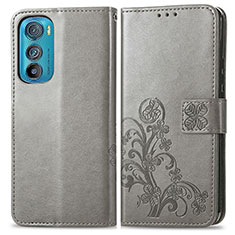 Leather Case Stands Flip Flowers Cover Holder for Motorola Moto Edge 30 5G Gray