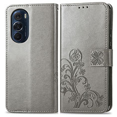 Leather Case Stands Flip Flowers Cover Holder for Motorola Moto Edge Plus (2022) 5G Gray