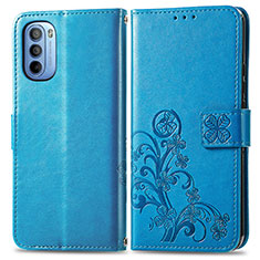 Leather Case Stands Flip Flowers Cover Holder for Motorola Moto G31 Blue