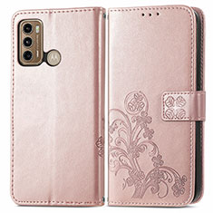 Leather Case Stands Flip Flowers Cover Holder for Motorola Moto G40 Fusion Pink