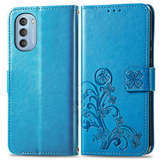 Leather Case Stands Flip Flowers Cover Holder for Motorola Moto G51 5G Blue
