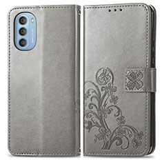 Leather Case Stands Flip Flowers Cover Holder for Motorola Moto G51 5G Gray