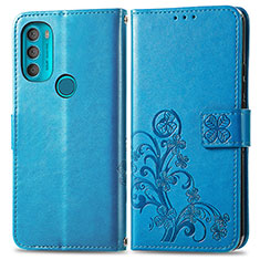 Leather Case Stands Flip Flowers Cover Holder for Motorola Moto G71 5G Blue