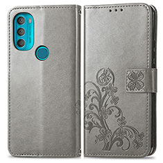 Leather Case Stands Flip Flowers Cover Holder for Motorola Moto G71 5G Gray