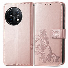 Leather Case Stands Flip Flowers Cover Holder for OnePlus 11 5G Rose Gold