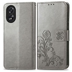 Leather Case Stands Flip Flowers Cover Holder for Oppo A18 Gray