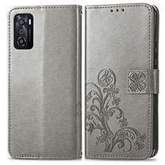 Leather Case Stands Flip Flowers Cover Holder for Oppo A55S 5G Gray