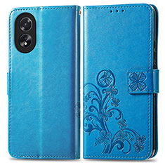 Leather Case Stands Flip Flowers Cover Holder for Oppo A58 4G Blue