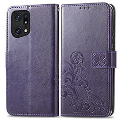 Leather Case Stands Flip Flowers Cover Holder for Oppo Find X5 5G Purple