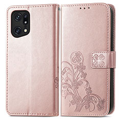 Leather Case Stands Flip Flowers Cover Holder for Oppo Find X5 Pro 5G Pink