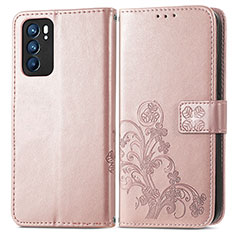 Leather Case Stands Flip Flowers Cover Holder for Oppo Reno6 5G Pink