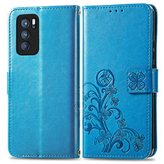 Leather Case Stands Flip Flowers Cover Holder for Oppo Reno6 Pro 5G India Blue