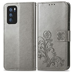 Leather Case Stands Flip Flowers Cover Holder for Oppo Reno6 Pro 5G India Gray