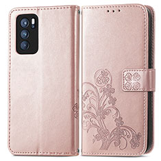 Leather Case Stands Flip Flowers Cover Holder for Oppo Reno6 Pro 5G India Pink