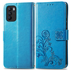 Leather Case Stands Flip Flowers Cover Holder for Oppo Reno6 Z 5G Blue
