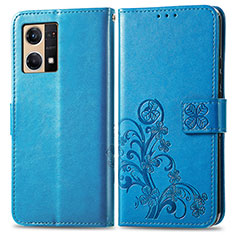 Leather Case Stands Flip Flowers Cover Holder for Oppo Reno7 4G Blue