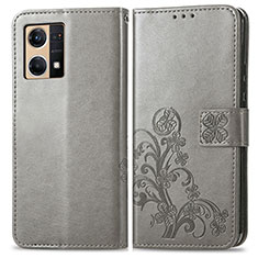 Leather Case Stands Flip Flowers Cover Holder for Oppo Reno8 4G Gray