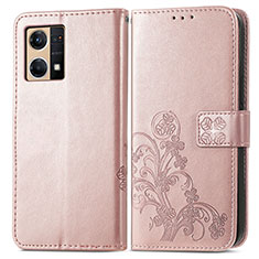 Leather Case Stands Flip Flowers Cover Holder for Oppo Reno8 4G Pink