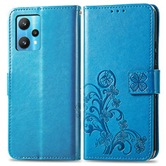 Leather Case Stands Flip Flowers Cover Holder for Realme 9 5G Blue