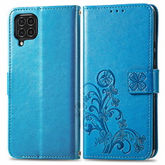 Leather Case Stands Flip Flowers Cover Holder for Samsung Galaxy F62 5G Blue