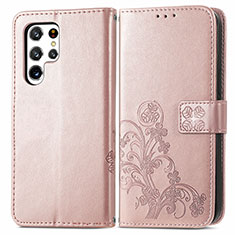 Leather Case Stands Flip Flowers Cover Holder for Samsung Galaxy S21 Ultra 5G Pink