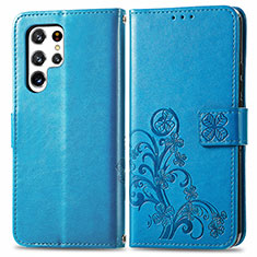Leather Case Stands Flip Flowers Cover Holder for Samsung Galaxy S22 Ultra 5G Blue