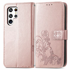 Leather Case Stands Flip Flowers Cover Holder for Samsung Galaxy S22 Ultra 5G Pink