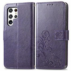 Leather Case Stands Flip Flowers Cover Holder for Samsung Galaxy S22 Ultra 5G Purple