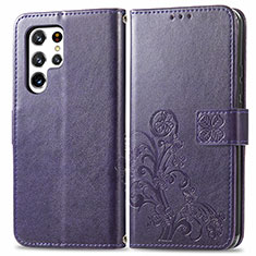 Leather Case Stands Flip Flowers Cover Holder for Samsung Galaxy S23 Ultra 5G Purple