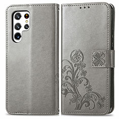 Leather Case Stands Flip Flowers Cover Holder for Samsung Galaxy S24 Ultra 5G Gray