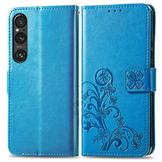 Leather Case Stands Flip Flowers Cover Holder for Sony Xperia 1 V Blue