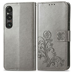 Leather Case Stands Flip Flowers Cover Holder for Sony Xperia 1 V Gray