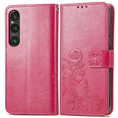 Leather Case Stands Flip Flowers Cover Holder for Sony Xperia 1 V Hot Pink