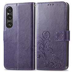 Leather Case Stands Flip Flowers Cover Holder for Sony Xperia 1 V Purple