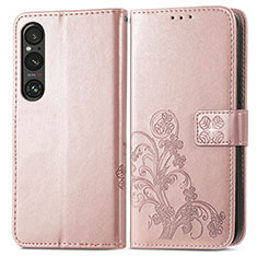 Leather Case Stands Flip Flowers Cover Holder for Sony Xperia 1 V Rose Gold