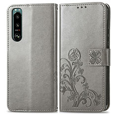 Leather Case Stands Flip Flowers Cover Holder for Sony Xperia 5 III Gray