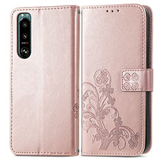 Leather Case Stands Flip Flowers Cover Holder for Sony Xperia 5 III Pink