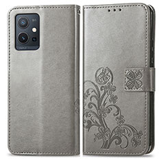 Leather Case Stands Flip Flowers Cover Holder for Vivo iQOO Z6 5G Gray