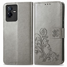 Leather Case Stands Flip Flowers Cover Holder for Vivo iQOO Z6x Gray
