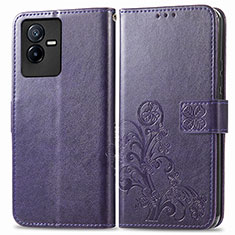 Leather Case Stands Flip Flowers Cover Holder for Vivo iQOO Z6x Purple
