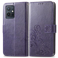 Leather Case Stands Flip Flowers Cover Holder for Vivo T1 5G India Purple