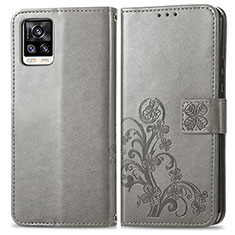 Leather Case Stands Flip Flowers Cover Holder for Vivo V20 (2021) Gray