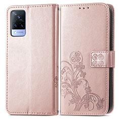 Leather Case Stands Flip Flowers Cover Holder for Vivo V21s 5G Pink