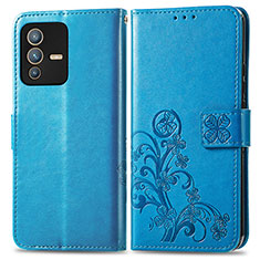 Leather Case Stands Flip Flowers Cover Holder for Vivo V23 Pro 5G Blue