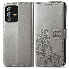 Leather Case Stands Flip Flowers Cover Holder for Vivo V23 Pro 5G Gray