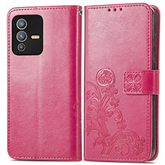 Leather Case Stands Flip Flowers Cover Holder for Vivo V23 Pro 5G Red