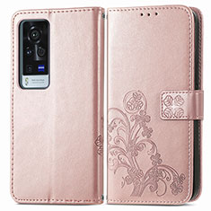 Leather Case Stands Flip Flowers Cover Holder for Vivo X60 Pro+ Plus 5G Pink